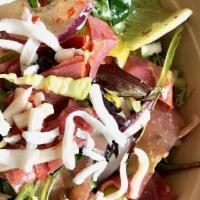Antipasto Salad · fresh greens | gabagool | sopressata | prosciutto | mozzarella | pepperoncini |olives | toma...