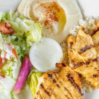 2 Piece Chicken Breast Plate · Grilled boneless and skinless chicken breasts marinated with garlic and herbs served with hu...