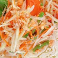 Papaya Salad (Som Tum) · Choice of dried shrimp, salty crab, or pickled fish shredded green papaya, green beans, toma...