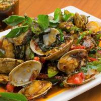 Clam Chili  · Hot & spicy. Clam stir fried with fresh garlic, basil leaves and sweet chili paste.