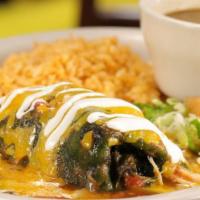 Chile Relleno · Served with rice and beans