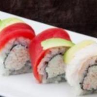 Rainbow Roll · California roll surrounded with tuna, salmon, white fish, escolar, and avocado.