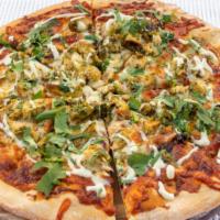 Bbq Chicken · Robust marinara topped with mozzarella cheese, chicken, red onions, BBQ sauce, and cilantro.
