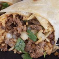 Burrito · Meat,beans, rice onions, cilantro.
Green and Red Salsa will be included in container.