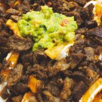 Fries With Meat · Yellow cheese, onion, cilantro, choice of meat 
Green and Red Salsa will be included in cont...