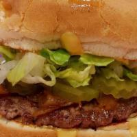 Backyard Boogie Jr · Single smashed Kosher beef patties, lettuce, pickle, onion, our house made thousand island s...