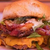 Single Bacon Southwest Cheese Burger · Single smashed Kosher beef patty, lettuce, pickle, onion, follow your heart cheese, BBQ sauc...
