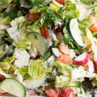 Garden Salad · Lettuce, tomato, onions, olives, pepperoncini, cheese, croutons, cucumber