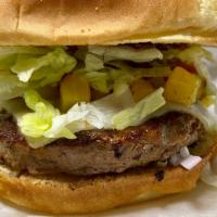 Hawaiian Burger · 1/3lb patty, teriyaki sauce, pineapple slices, white cheese, lettuce, tomato, onions