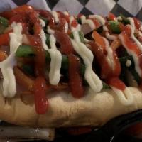 Axl Bacon Dog · Grilled 100% beef hot dog, bacon, jalapenos, tomatoes, onion, mayo, mustard and ketchup.