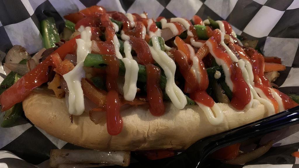 Axl Bacon Dog · Grilled 100% beef hot dog, bacon, jalapenos, tomatoes, onion, mayo, mustard and ketchup.