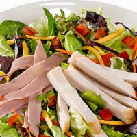 Chef Salad · Mixed greens, ham, turkey, hard boiled eggs, slice American and provolone cheese, cucumbers ...