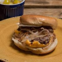 Sliders · Finely ground beef patty , smashed on flatop, top with finely shredded onions, then cheese ,...