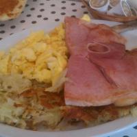 Country Style Ham And 3 Eggs · Served with desh brown potatoes and your choice of sides.