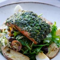 Wild Salmon Nicoise · organic baby greens, herb roasted salmon, green beans, kalamata olives, heirloom tomatoes, r...