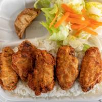 Chicken Wings Combo · 5 fried chicken wings over a bed of rice. Comes with a fried pork potsticker, side salad wit...