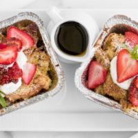 French Toast Strawberry Chia Seed Casserole · Applewood bacon or chicken sausage, scrambled eggs.