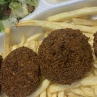 Falafel Plate · Served with Hummus, Salad, Bread, Rice, OR Fries.