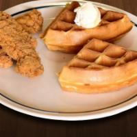 Kids Chicken And Waffles · Two triangles of belgian waffle with two chicken tenders.