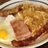 Senior Tasty Sampler · One sausage, bacon, egg, ham, pancake and hash browns.