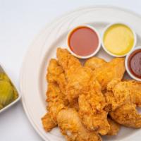 20 Strips · Original or Nashville hot style served with pickles on the side and choice of three dipping ...