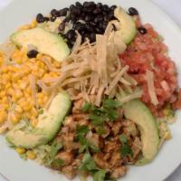 Bbq Chicken Tex Mex Salad · Fresh chopped iceberg lettuce, black beans, tomatoes, cilantro, scallions and corn with chip...