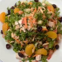 Kale Salad · Kale, diced chicken breast, quinoa, tomatoes, celery, cucumbers, toasted almonds, dried cran...