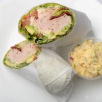 Turkey Bacon Ranch Wrap · Turkey breast, turkey bacon, avocado, tomato, shredded mozzarella cheese and ranch dressing ...