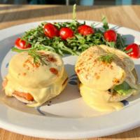 Salmon Eggs Benedict · Smoked salmon , English muffin , poached eggs , Avocado , Hollandaise sauce