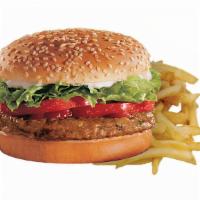 Veggie Burger Combo · Veggie burger, American cheese, lettuce, tomato pickles, onion, jalapeño ranch , + fries.