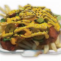 Chili Fries · Slides half beef dog
Fries
Chili meat
Nacho cheese
Jalapeno slices, Cilantro, Sesame
Yellow ...