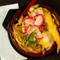 Tempura Udon · Noodle soup with tempura, vegetables.