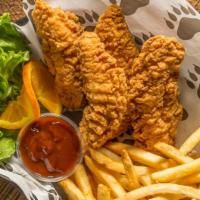 Chicken Strips Basket · 4 breaded chicken tenders. Served with your choice of BBQ or bacon ranch dressing.