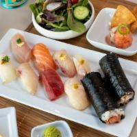 Sushi Set B – 8 Pieces Sushi · Green Salad, Ceviche. 1 piece each sushi: Albacore, Salmon, Amberjack, Halibut, Kurodai, Yel...
