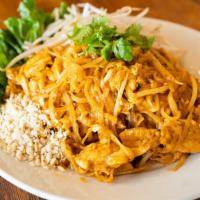 Pad Thai · Thin rice noodle, stir-fried with tamarind sauce, garlic, egg, bean sprout, scallion, side w...