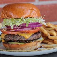 All American Burger · shredded lettuce, tomato, red onion, pickle, cheddar cheese, thousand island, sweet pickled ...