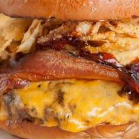 Gus'S Famous Burger · cheddar cheese, applewood smoked bacon, shredded onion strings, original bbq sauce, roasted ...