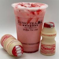 Strawberry Yakult · Non-caffeinated. No additional sugar added (less sugar = less strawberry). Only served iced.