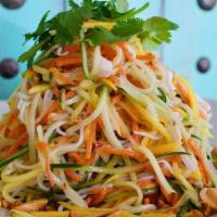 Crab Mango Noodle Salad · fresh jumbo lump crab, rice noodles, papaya, mango, cucumber, rainbow carrot, cilantro, nouc...