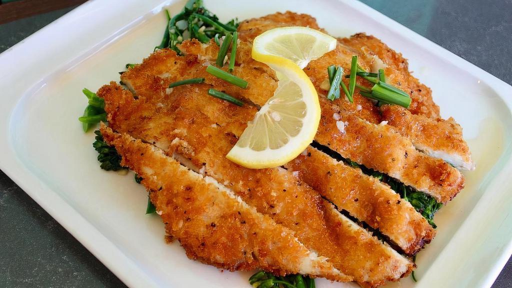 Hong Kong Lemon Chicken · panko crusted chicken breast, flash fried, broccolini, house lemon ginger sauce, choice of rice
