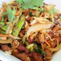 Moo Shu Pork · wok fired all natural pork, wild mushroom, egg, asparagus, jicama, rainbow carrot, garlic so...