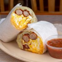 Sausage Breakfast Burrito · Served with 3 extra large eggs hash brown sausage on flour tortilla.