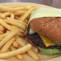 California Burger · Served with 1/3 lb. all beef patty 1000 island dressing onions lettuce tomato pickle and avo...