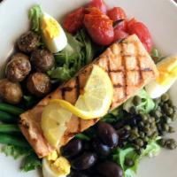 Grilled Salmon Nicoise Salad · farm fresh greens, medium boiled egg, green olives, capers, novelle potatoes, green beans, t...