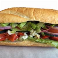 Vegetarian · cucumber, roasted bell peppers, red onions, lettuce, tomatoes, goat cheese crumbles, and bal...