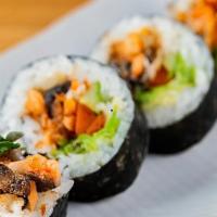 Salmon Skin Roll · cucumber, avocado, gobo, sprouts, fish flake, and salmon skin