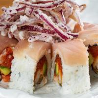Albacore Special Roll · albacore, spicy tuna, shrimp tempura, cucumber, mustard sauce, eel sauce, spicy mayo, and to...