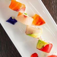 Rainbow Roll · tuna, salmon, albacore, yellowtail, and avocado on California roll with ponzu sauce