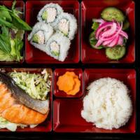 Salmon Teriyaki Bento · grilled salmon steak.
All balanced bentos come with a choice of 1. 4pcs of cali or spicy tun...