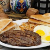 Steak & Eggs Breakfast · One piece of steak (Rib-eye), two eggs, hash brown, two slices toast and jelly.